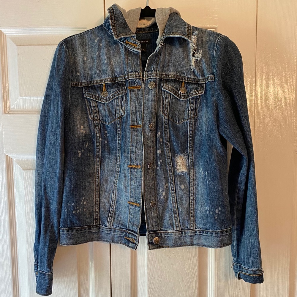 Distressed denim jacket with hood